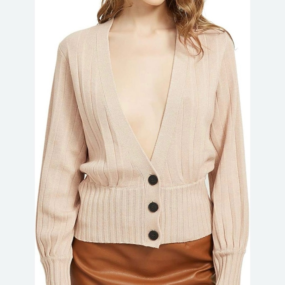 Kallspun Women's Beige Ribbed V-Neck Cardigan Sweater Cashmere and Wool‎ Size XS